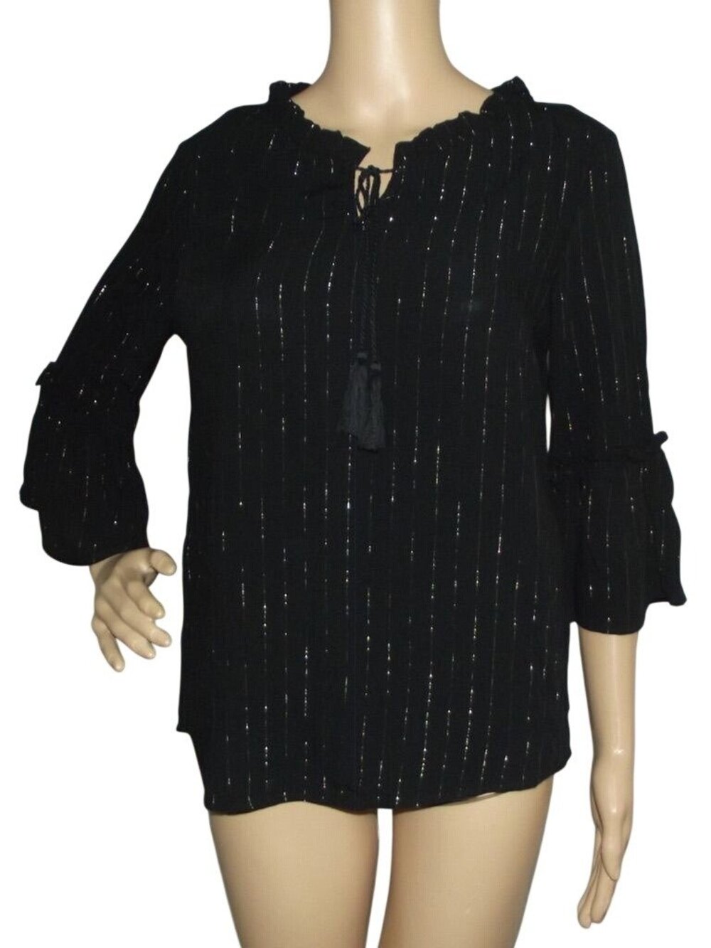Defacto Blouse Womens XS Black Silver Metallic Peasant Keyhole boho top viscose